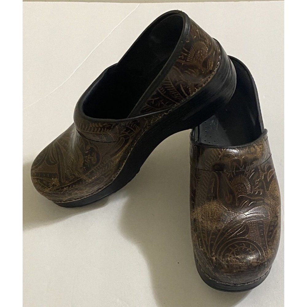 Dansko Women's Brown Black Floral Leather Upper Slip On Mule Clogs US 8.5 EUR 39
